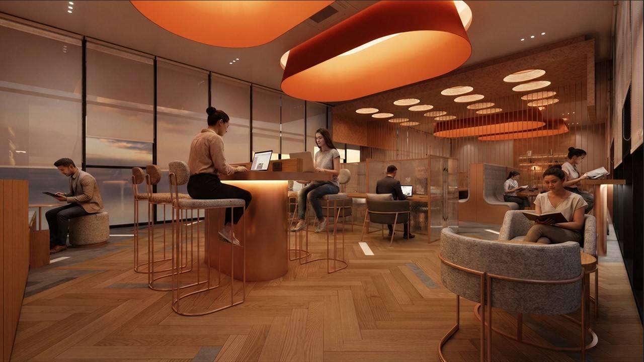 G'Vinton co-working lounge with people using the space