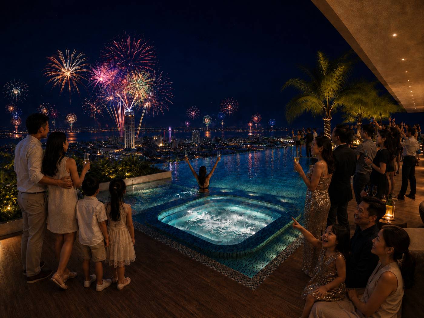 G'Vinton rooftop pool countdown party with fireworks