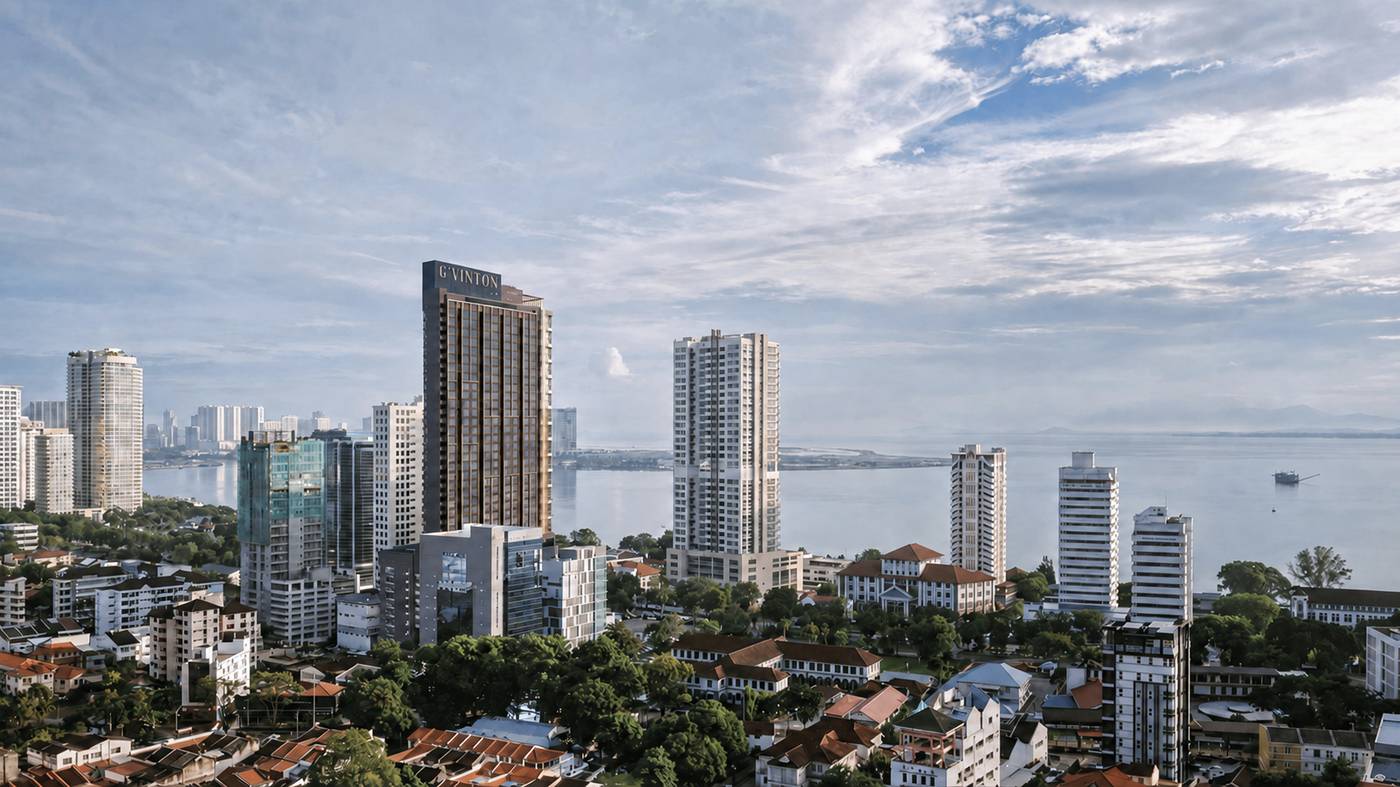 G'Vinton tower aerial view facing the Penang coastline